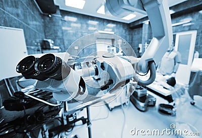 Surgical microscope on the background of modern neurosurgical operating room Stock Photo
