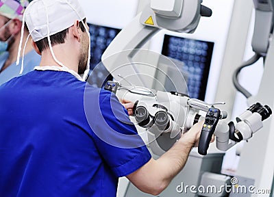 Surgical microscope on the background of modern neurosurgical operating room Stock Photo