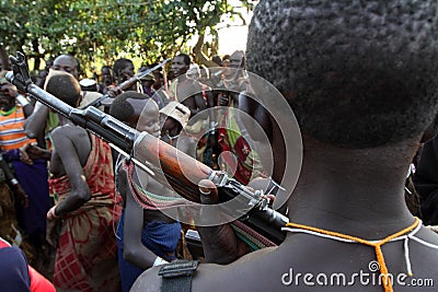 Suri warrior in South Omo, Ethiopia Editorial Stock Photo