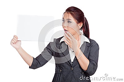 Surprise Asian businesswoman hold a blank sign Stock Photo