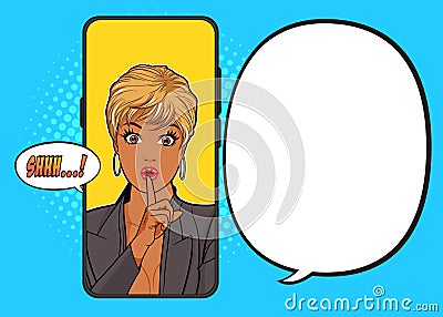 Surprise black woman with finger on lips shhh in smartphone Vector Illustration