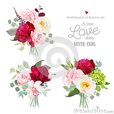 Surprise bouquets of rose, peony, green and pink hydrangea, orchid and eucalyptus leaves Vector Illustration