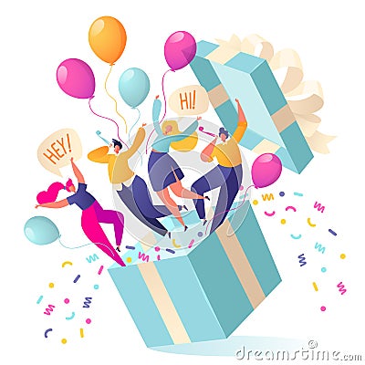 Joyful, flat characters people jump out of the gift box. Friends made a surprise. Vector Illustration