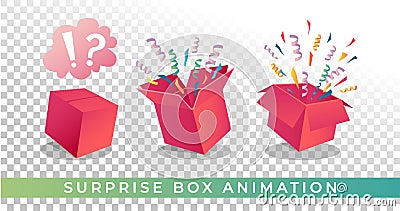 Surprise box animation vector illustration. Vector red box with confetti and ribbons. Festive surprise box for ui, web, print Vector Illustration