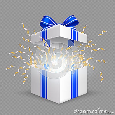 Surprise box. Opening gift box with blue silk ribbon bow. Vector Christmas, Birthday, anniversary present isolated on Vector Illustration