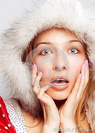 Surprise Christmas concept - one amazed woman Stock Photo