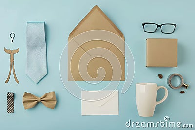 Surprise Father's Day gift. Horizontal view of open envelope, postcard with mustaches, coffee mug, tie, glasses Stock Photo