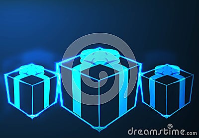 Surprise gift box, Polygonal wire frame mesh looks like constellation on dark blue night sky with dots and stars, illustration and Vector Illustration