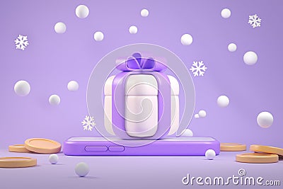 Surprise Gift Celebrate On Smart Mobile Phone Social Online With Snow Falling and Coins Illustration Backgrounds 3d Rendering Stock Photo