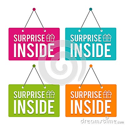 Surprise inside hanging Door Sign. Eps10 Vector. Vector Illustration