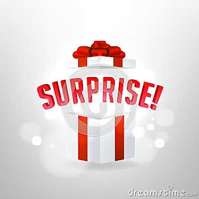 Surprise inside open gift box design template. Birthday surprise and Christmas present concept. Vector Illustration