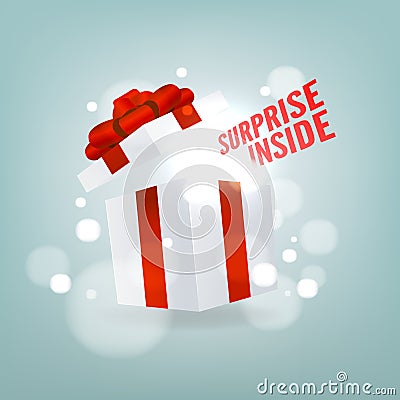 Surprise inside open gift box. Open white gift box with red ribbon and bow. Birthday surprise and Christmas present concept. Vector Illustration