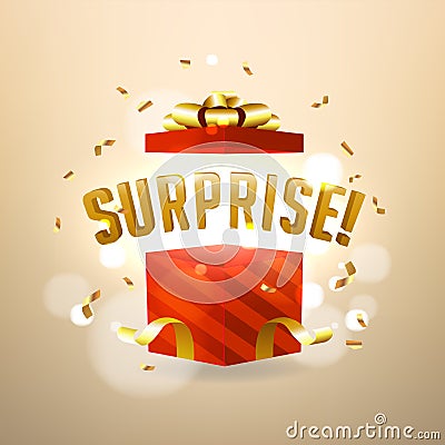 Surprise inside open red gift box. Birthday surprise and Christmas present concept. Vector Illustration