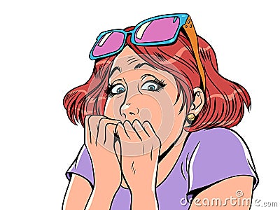 Surprise with an offer or service. Fear of the unknown. The girl with glasses reacted emotionally to what she saw. Vector Illustration