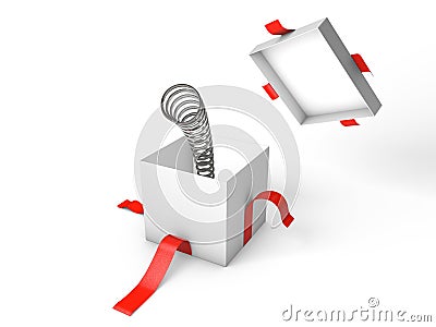 Surprise. Open white gift box with the spring inside. Stock Photo