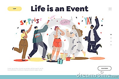 Surprise party landing page design with group of friends greeting happy girl with birthday Vector Illustration