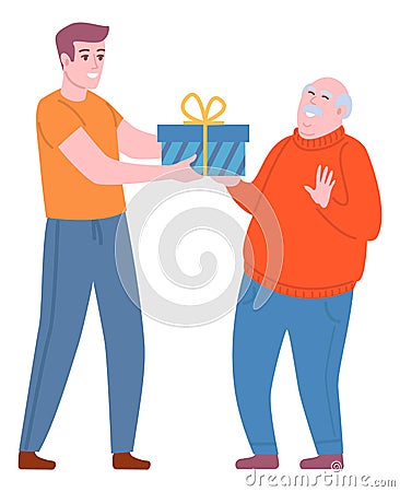 Surprise present. Man giving gift to senior. Happy people Vector Illustration