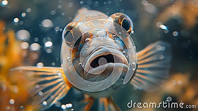 Surprise, shock, a very surprised fish bulged its eyes and blew bubbles, funny photo with animals Stock Photo