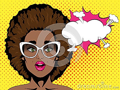 Surprised african woman with open mouth and afro hairstyle in glasses and speech bubble. Pop art retro comic style. Vector Illustration
