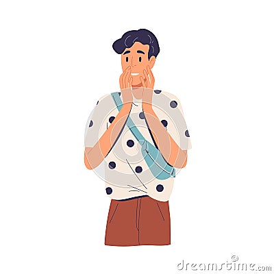 Surprised amazed man standing and looking at smth in astonishment and amazement. Excited happy person with astonished Vector Illustration