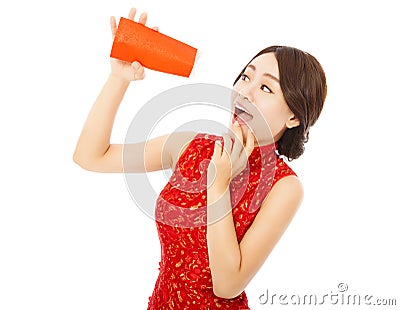 Surprised asian young woman point to a empty red envelope Stock Photo