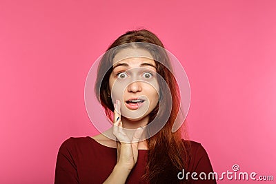 Surprised astonished girl unbelievable expression Stock Photo