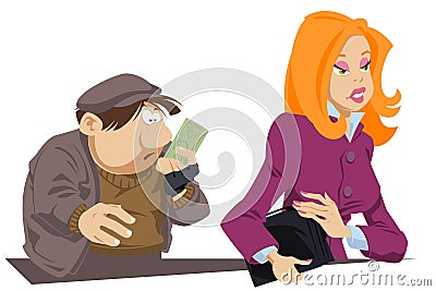 Surprised beggar with bill in his hands. Girl helped poor man Vector Illustration