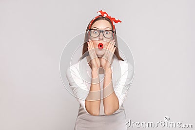 Surprised big eyes portrait of beautiful emotional young woman i Stock Photo