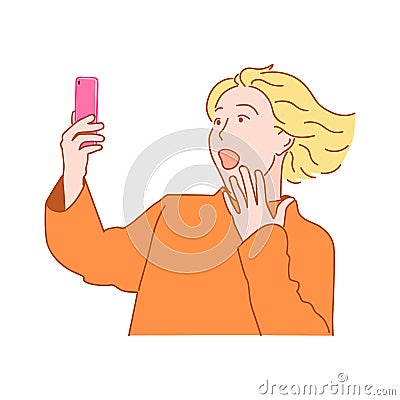 Surprised blond girl with fluttering hair and open mouth stares Vector Illustration