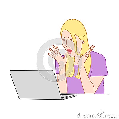 Surprised blond girl with open mouth looks in laptop computer. A Vector Illustration