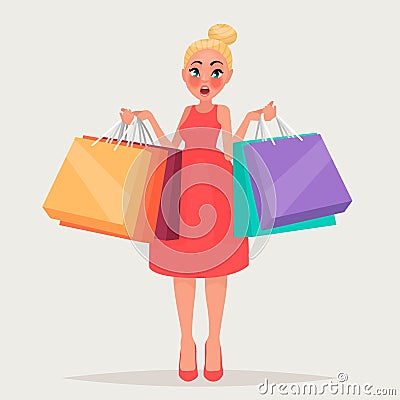 Surprised blond girl with packages. Woman shopping. Vector illustration Cartoon Illustration