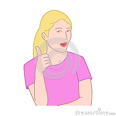 Surprised blond girl showing thumbs up. Like gesture concept Vector Illustration