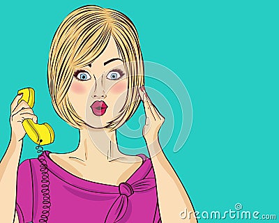 Surprised blonde pop art woman chatting on retro phone. Comic wo Cartoon Illustration