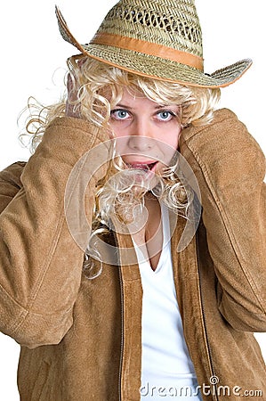 Surprised blonde women in a straw hat Stock Photo