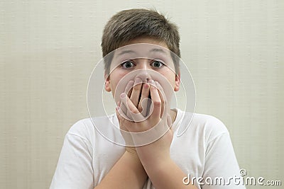 Surprised boy closes the mouth with hands Stock Photo