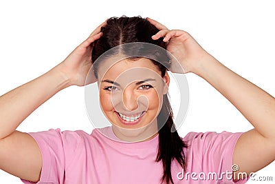 Surprised brunette girl laughing Stock Photo