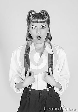 Surprised business lady. Womens business. News. Black and white photo. Taxes and payments for businessmen. Stock Photo