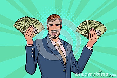 Surprised business man smile and show lot of money in hands Vector Illustration