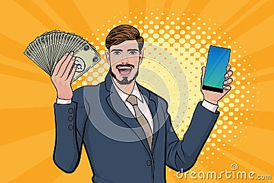 Surprised business man smile and show lot of money and smartphone in hands Vector Illustration
