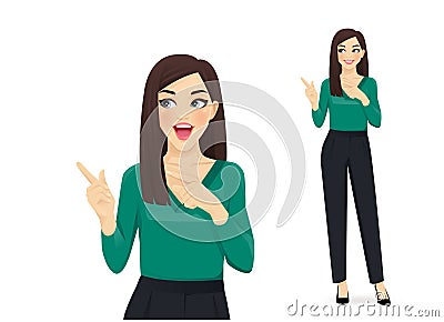 Surprised business woman pointing away Vector Illustration