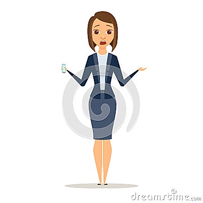 Surprised business woman shows phone Vector Illustration