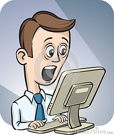 Surprised Businessman and Desktop Computer Vector Illustration