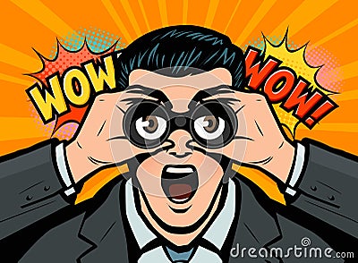 Surprised businessman looks through binoculars. Vector illustration in style comic pop art Cartoon Illustration