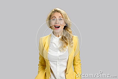 Surprised cheerful young business woman. Stock Photo