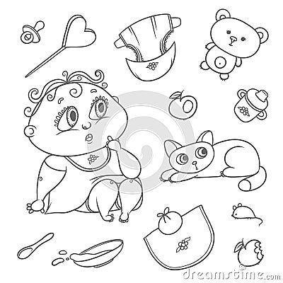 Surprised child and kitten. Hygiene items, baby care and toys. Chubby curly puzzled kid with big eyes and cat. Vector Vector Illustration