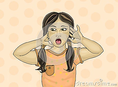 Surprised child with open mouth. Looking away. Hands near the Stock Photo