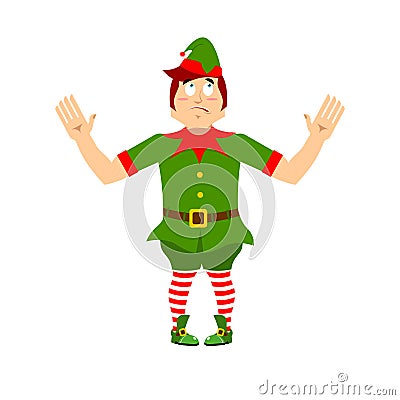 Surprised Christmas elf raised his hands to sides. Discouraged a Vector Illustration