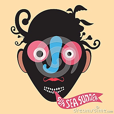 Surprised clown with sun sea summer banner. Vector Illustration