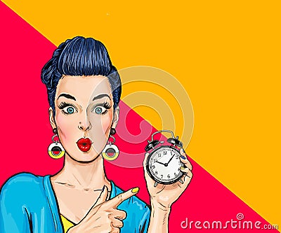 Surprised comic woman with clock. Stock Photo