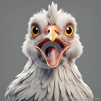 surprised crazy cute chicken, bulging eyes, beak wide open, flapping wings, cartoon style, hyper-realistic Stock Photo